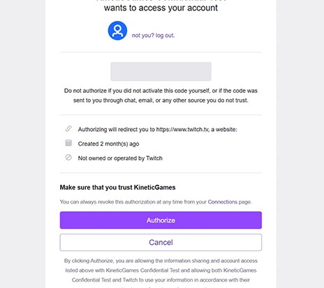An image showing the authorisation page of Twitch when connecting an account.