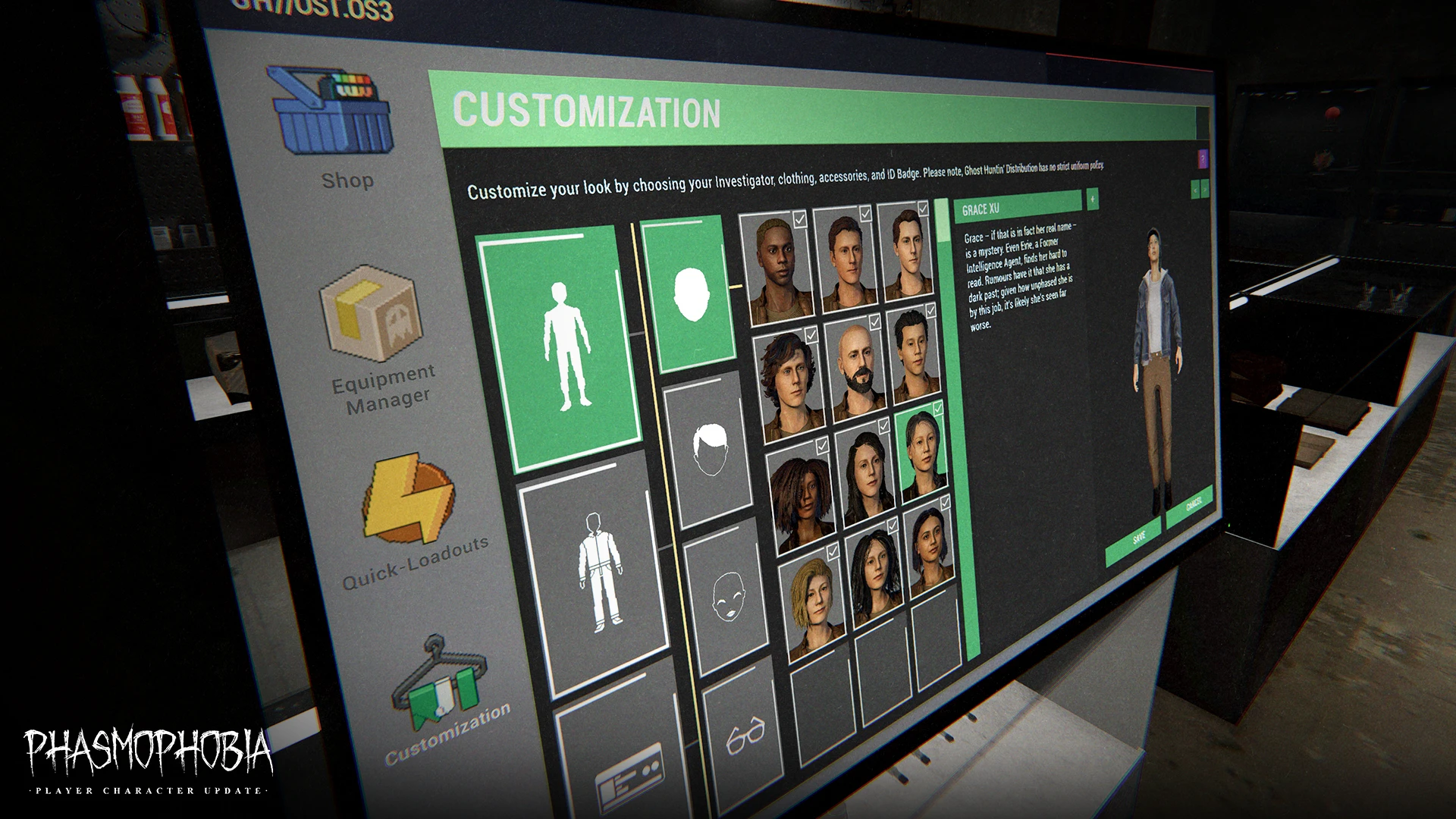 A screenshot of the customisation shop in Phasmophobia.