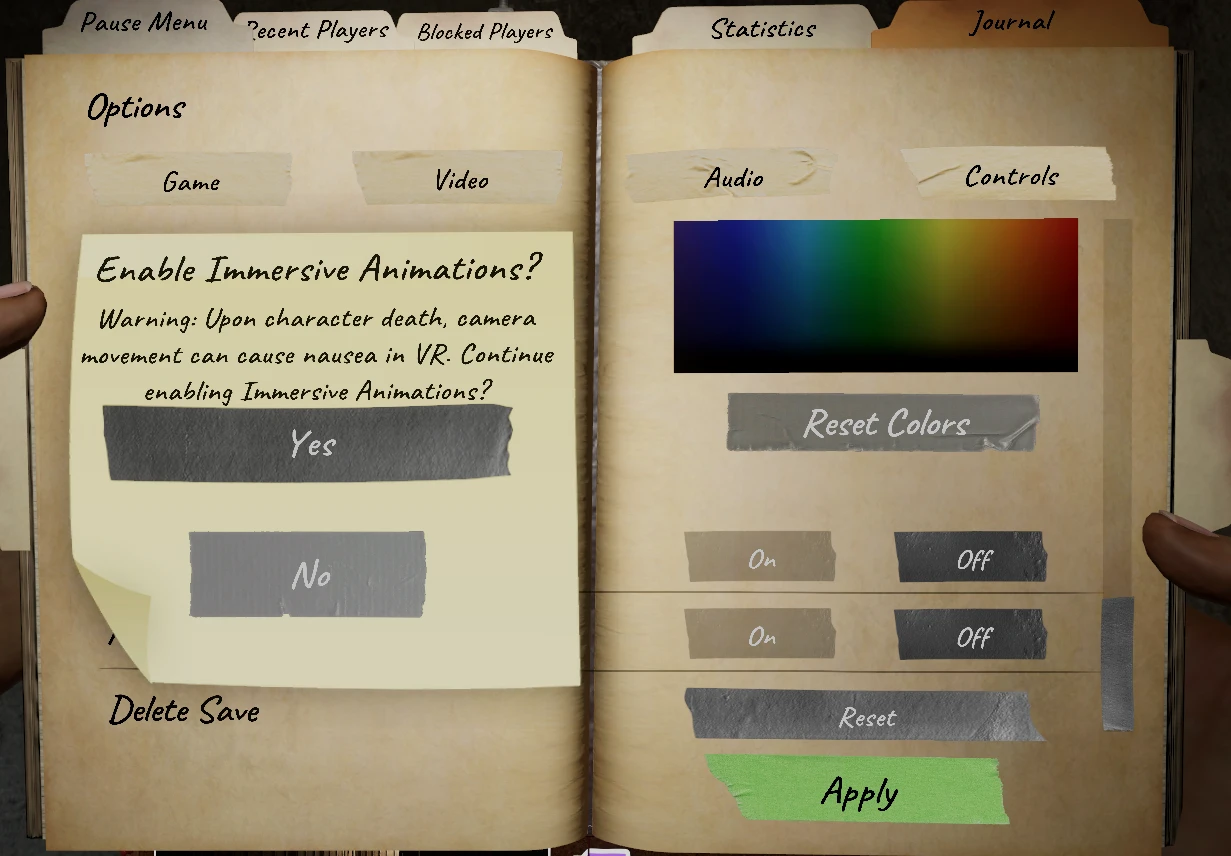 VR immersive animation settings